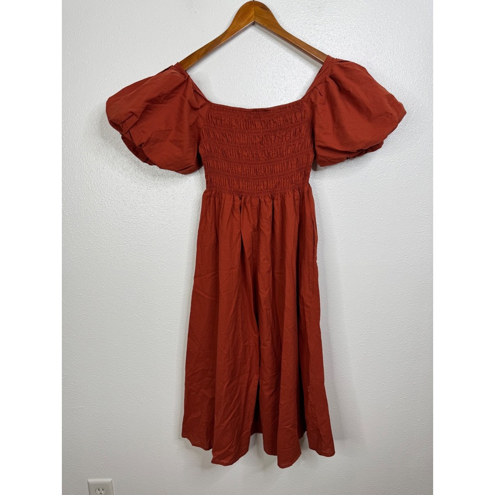 Petal + Pup Rust Orange Smocked Puff Sleeve Cotton Midi Dress Womens Size 4 - Picture 2 of 8